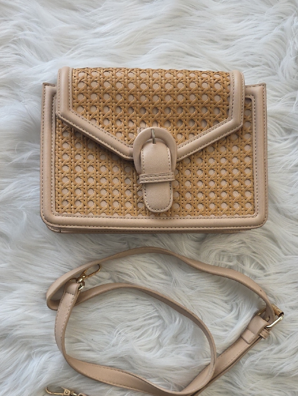 Madiaon West Woven Detail Beige Crossbody Bag